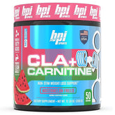 BPI Sport CLA+ Carnitine powder container for weight loss, featuring non-stimulant, sugar-free formula with 50 servings.